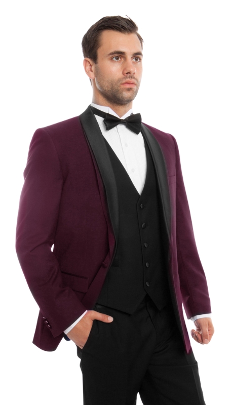 Bryan Michaels Mens Tuxedos MT252S-02-BURGANDY-BLACK SATIN