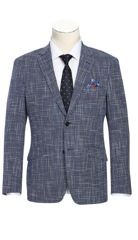 Renoir Mens Blazer 563-3-BLUE ( Slim Fit Wool Blend Stretch Checked Blazer )