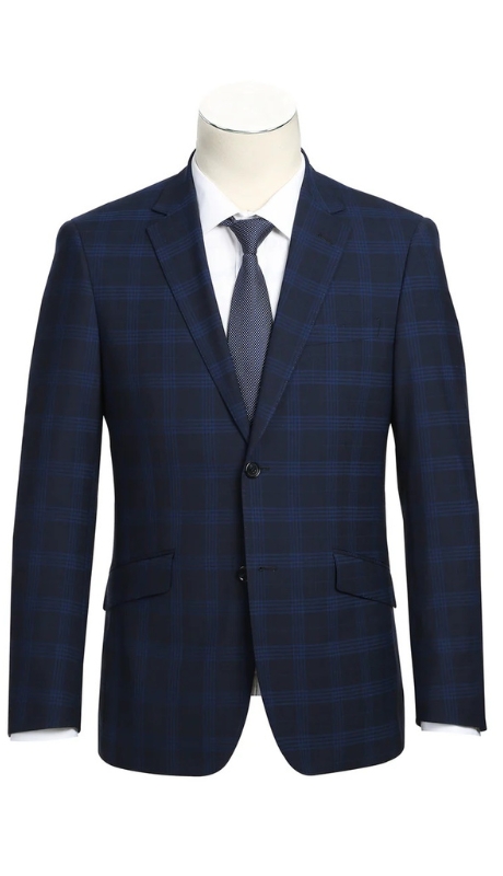 Renoir Mens Suits 564-3-DARK-BLUE ( Slim Fit Wool Blend Stretch Checked Suit )