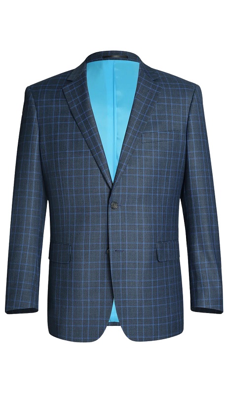 Renoir Men's Suit 293-6-BLUE (Two Piece Classic Fit Windowpane Check Dress Suit)