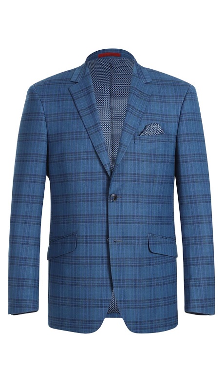 Renoir Mens Blazer 294-9-BLUE ( Slim Fit Notch Lapels Blue Check Blazer )