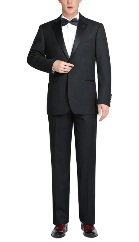 Renoir Mens Tuxedo 508-1-BLK ( Satin Notched Lapel 2-Piece 100% Wool Tuxedo )