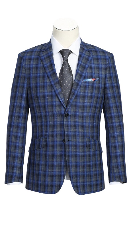 Renoir Mens Blazer 563-1-BLUE ( Slim Fit Wool Blend Checked Blazer )