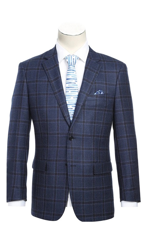 Renoir Mens Blazer 563-13-BLUE ( Classic Fit Wool Checked Blazer )