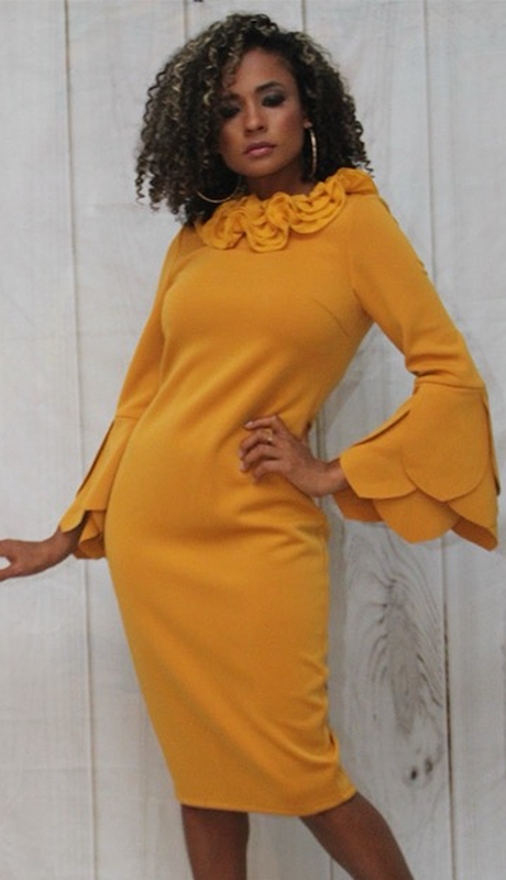 For Her 8806-MUS-IH ( 1pc Bell Sleeve With Ruffled Neck Scuba Dress )