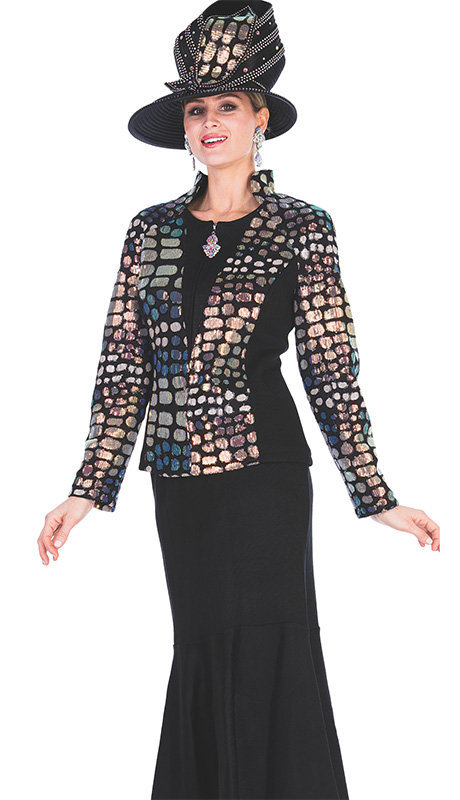 Champagne Italy 5683-H ( 2pc Sequin Knit Fabric Womens Church Suit With Mosaic Tile Design )-Hat
