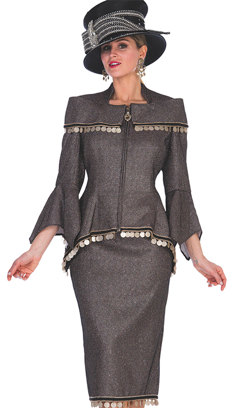 Champagne Italy 5676-H ( 2pc Metallic Brocade Womens Church Suit With Hanging Oversize Sequins )-Hat