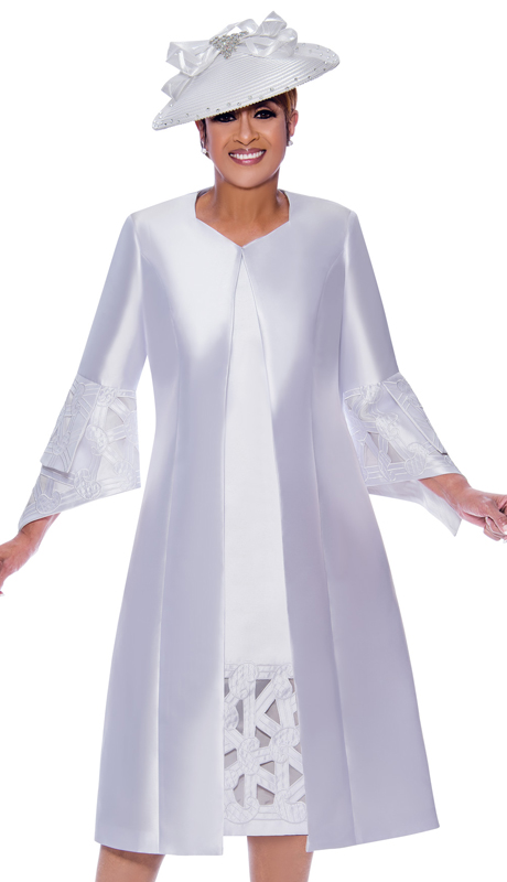 Dorinda Clark Cole 2512-WH ( 2pc Womens Silk Look Church Dress With Geometric Embroidered Cut Out Design And Pointed Layered Sleeves )-Hat
