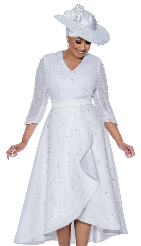Dorinda Clark Cole 4371-WHT-QS ( 1pc Novelty Womens Church Dress With Pearl Trim And Sheer 3/4 Sleeves )