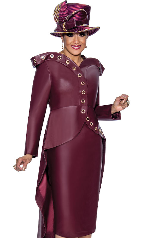 Dorinda Clark Cole 4852-BUR-IH Church Dress ( 2pc Leatherette Ladies Church Suit With Grommets And Peplum )