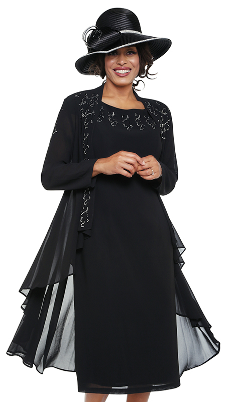 Dorinda Clark Cole 3732 ( 2pc Georgette Ladies Church Dress With Long Flowy Duster Jacket And Jewel Trim ) - Hat