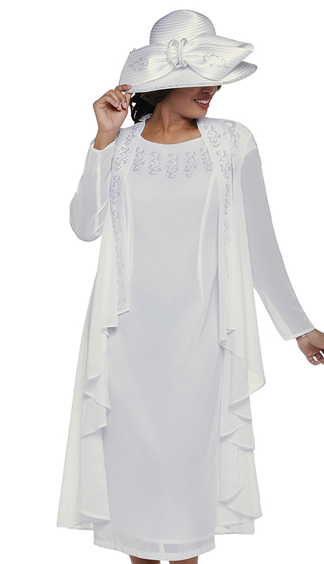 Dorinda Clark Cole 3732-WHT ( 2pc Georgette Ladies Church Dress With Long Flowy Duster Jacket And Jewel Trim ) - Hat