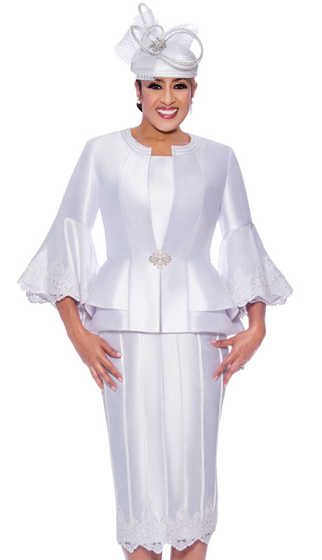 Dorinda Clark Cole 9053-WH ( 3pc Silk Womens Church Suit With Flared Lace Sleeves And Jacket )-Hat
