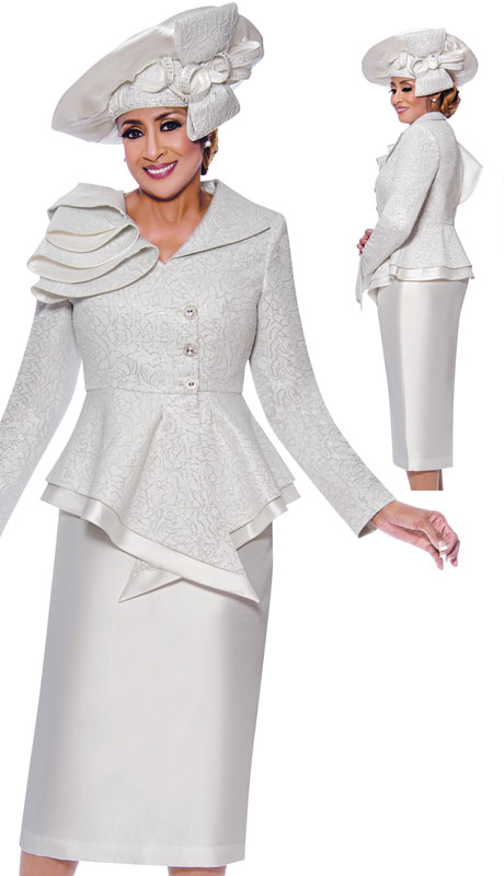 Dorinda Clark Cole 9042-WH ( 2pc Novelty First Ladies Church Suit With Brocade Jacket )-Hat