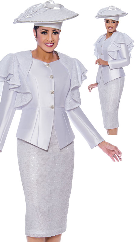 Dorinda Clark Cole 9002-WH ( 2pc Silk Womens Church Suit With Lace Shoulder Ruffles )-Hat