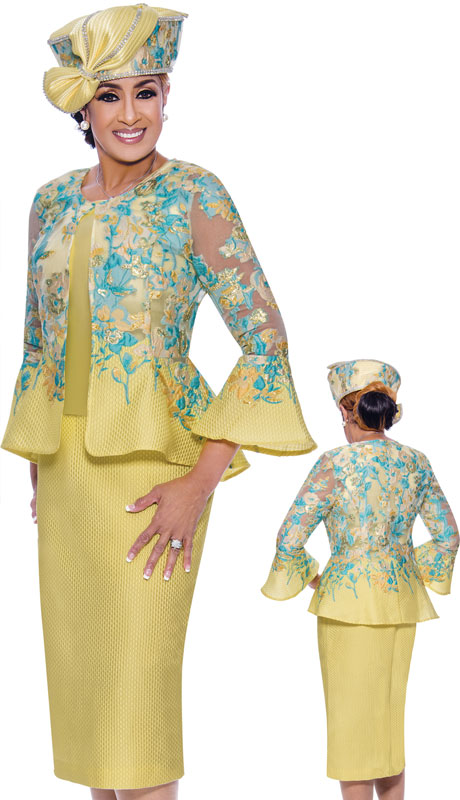 Dorinda Clark Cole 9073-LE ( 3pc Brocade Suit For Church With Flared Shear Sleeves )-Hat