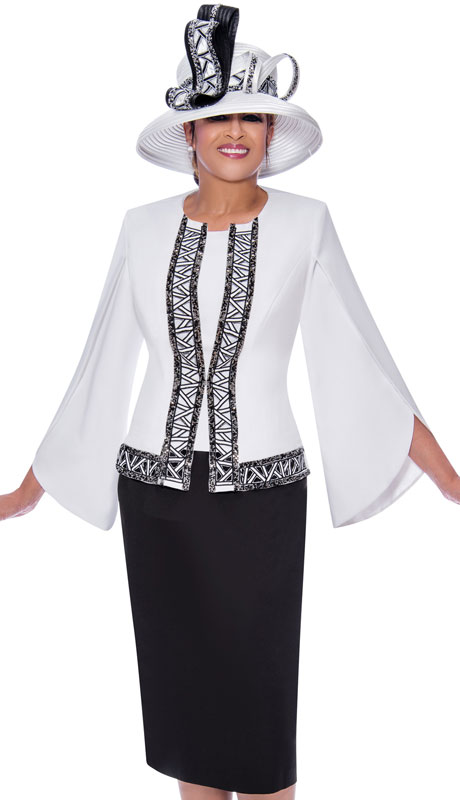 Dorinda Clark Cole 9083-BW ( 3pc Novelty Womens Church Suit With Flared Lace Sleeves And Jacket )
