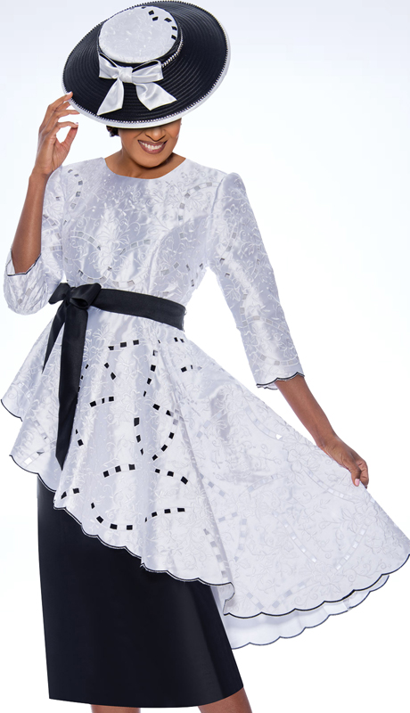 Dorinda Clark Cole 3551-IH ( 2pc Silk Look Womens Scalloped Hemline Church Dress With Sash And Cut Out Pattern Sleeves )-Hat