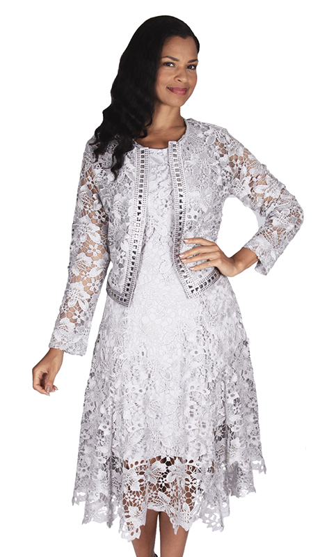 Diana Couture 8190-SIL ( 2pc Lace Jacket Dress With Large Squared Rhinestones )