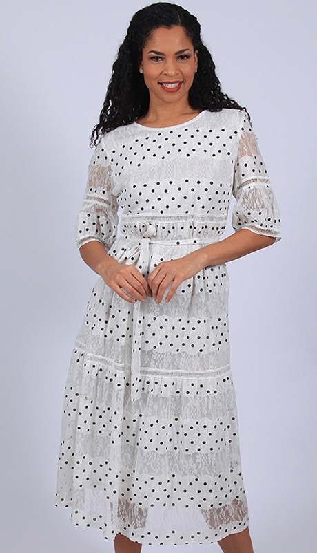 Diana Couture 8606-WH ( 1pc Lace Ladies Church Dress With Horizontal Polka Dot Design )