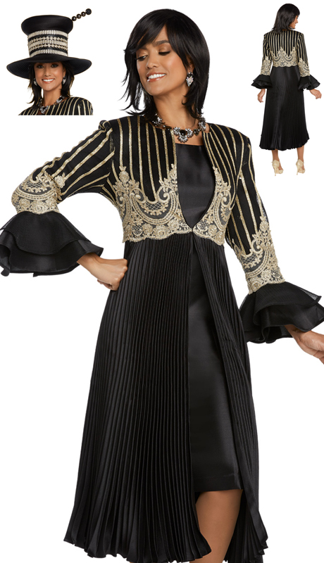 Donna Vinci 5650-BG ( 2pc Exclusive Novelty Silk Church Dress Trimmed With Gold Guipure Lace And Pleated Jacket )-Hat
