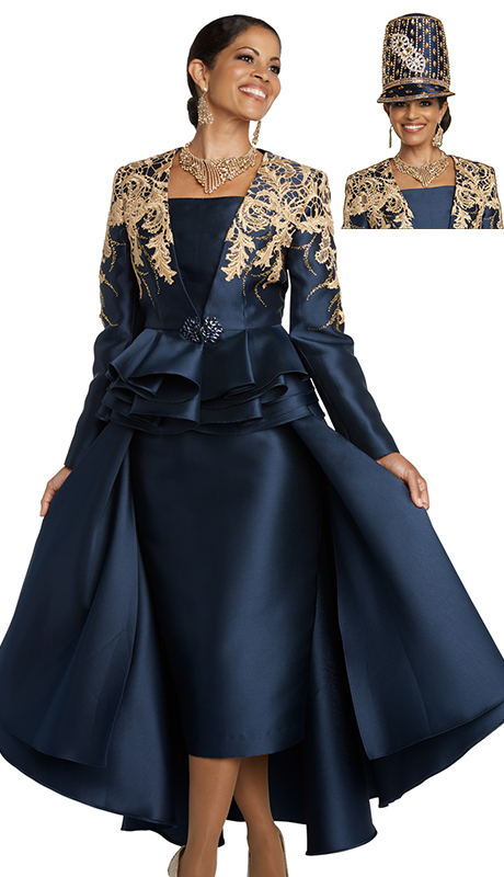Donna Vinci 11738-NG ( 2pc Exclusive Silk Jacket And Dress Set With Black Guipure Lace And Rhinestone Buckle ) 