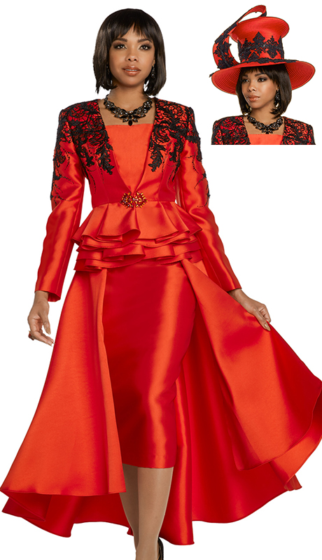 Donna Vinci 11738-RB ( 2pc Exclusive Silk Jacket And Dress Set With Black Guipure Lace And Rhinestone Buckle ) - Hat