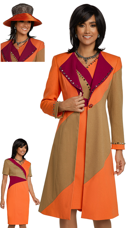 Donna Vinci 11776-OTB ( 2pc Exclusive PeachSkin Suit For Church Trimmed With Gunmetal Shaped Studs ) - Hat