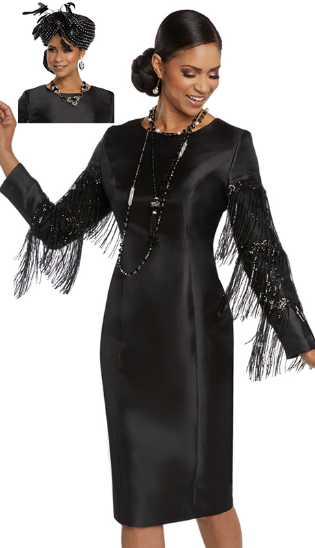 Donna Vinci 11778-BLK ( 1pc Exclusive Silk Womens Church Dress Trimmed With Fringe ) - Hat