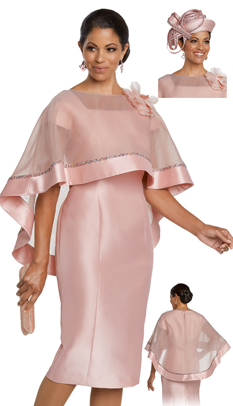 Donna Vinci 11783-DR ( 2pc Exclusive Silk Church Dress Designed With Multicolored Rhinestone Trim, Lace Flower Brooch And A Detachable Cape )-Hat