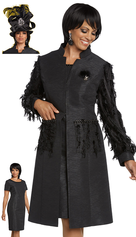 Donna Vinci 11788-BK ( 2pc Exclusive Novelty Dress For Sunday Trimmed With Feathers, Rhinestones And Detachable Brooch )-Hat