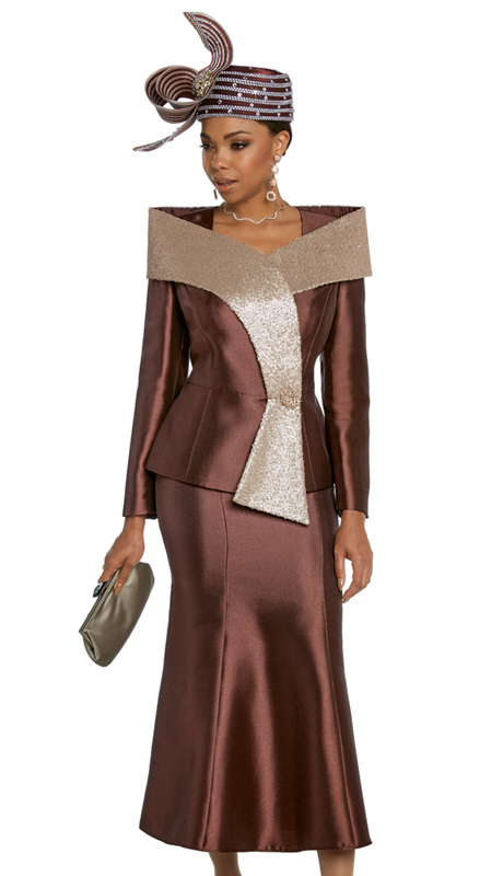 Donna Vinci 11810-BG ( 2pc Exclusive Silk Womens Church Suit With Gold Metallic Novelty Sequins And Large Rhinestone Button )-Hat
