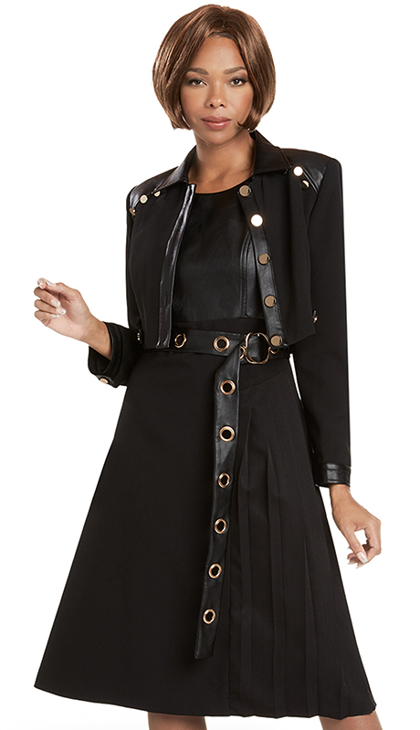 Donna Vinci 11941-BLK-QO ( 2pc Exclusive PeachSkin Ladies Jacket Dress With Faux Leather On Jacket Trims And Gold Grummets )