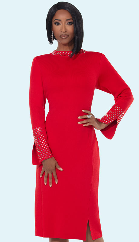 Donna Vinci Knit 13437-RED-QS Womens Church Dress