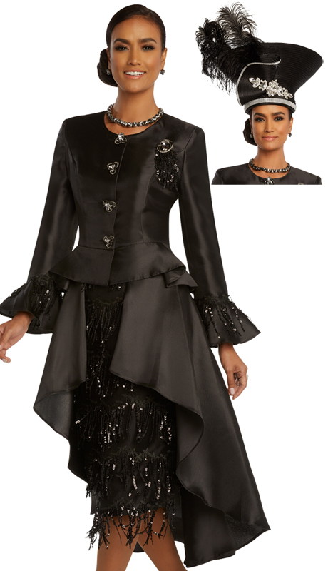 Donna Vinci 11825 ( 2pc Silk Womens Church Suit With Guipure Lace, Black Sequins, Detachable Broach, And Beautiful Rhinestone Buttons )-Hat