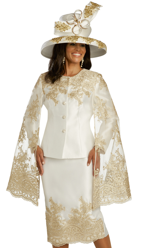 Donna Vinci 11823 ( 2pc Silk Womens Church Suit With Beautiful Guipure Lace, Gold Embroidery, And Pearl With Rhinestone Buttons )-Hat