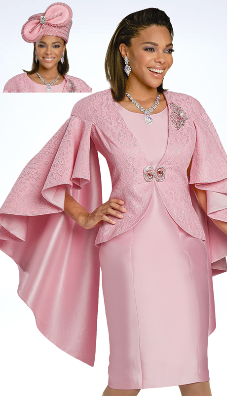 Donna Vinci 11930 ( 2pc Exclusive Silk Womens Church Dress Trimmed With Pink Rhinestone Buckle And Gorgeous Novelty Lace Jacket )-Hat