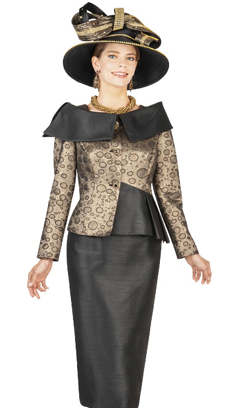 Elite Champagne 5680 ( 2pc Ladies Church Suit With Novelty Metallic Brocade Jacket And Skirt )-Hat