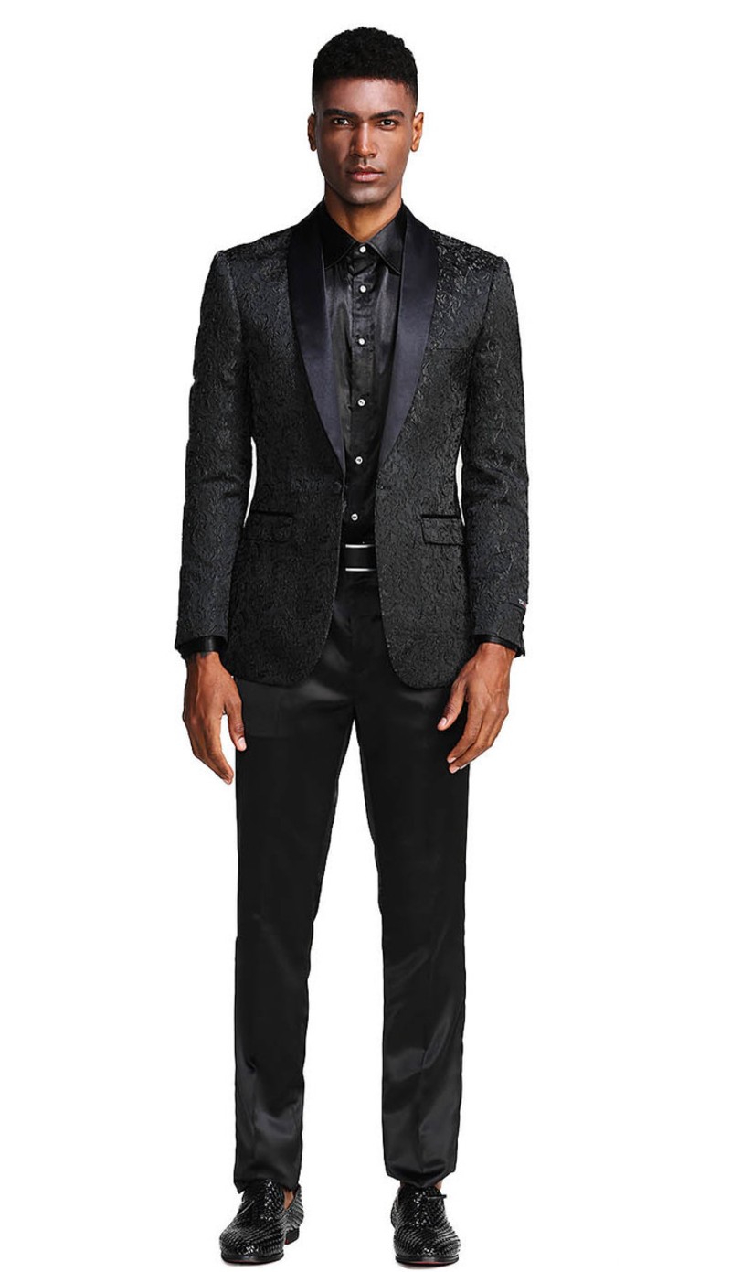 MJ291S-02 ( 1pc Mens One Button Satin Shawl Collar Paisley Pattern Jacket With One Chest Pocket )