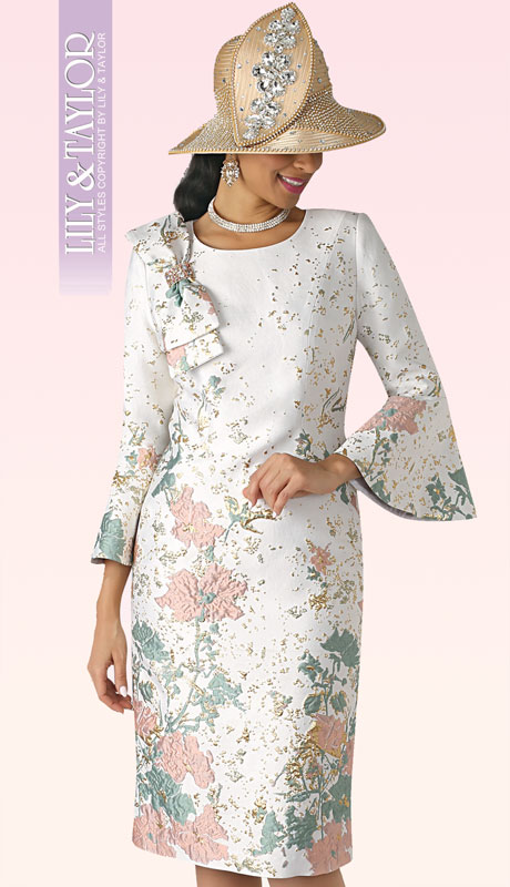 Lily And Taylor 4356-WR ( 1pc Novelty Womens Church Dress With Embroidery Pattern Bow Tie Trim And Flared Sleeves ) - Hat