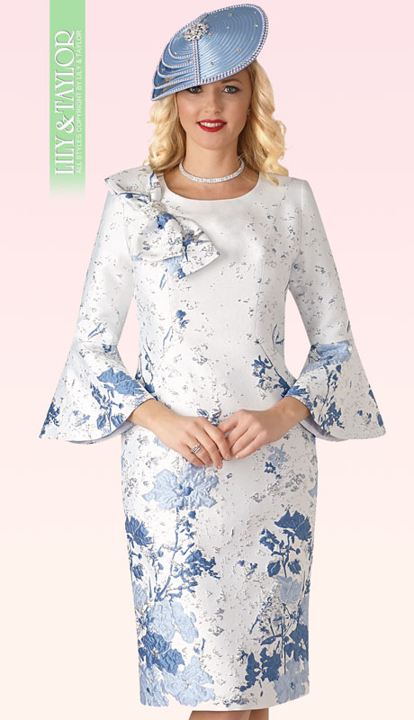 Lily And Taylor 4356-WB ( 1pc Novelty Womens Church Dress With Embroidery Pattern Bow Tie Trim And Flared Sleeves ) - Hat