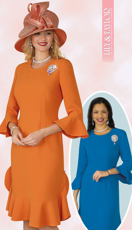 Lily And Taylor 4353-OR ( 1pc Ladies Peach Skin Church Dress With Ruffled Hem And Flared Sleeves With Jeweled Brooch ) - Hat