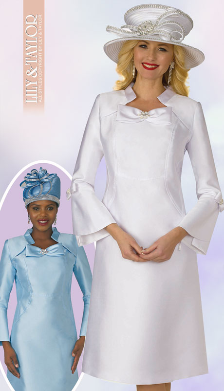 Lily And Taylor 4124-WH ( 1pc Ladies Silk Dress For Sunday With Bow Trim Neckline And Flared Sleeves ) - Hat