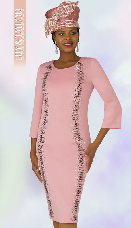 Lily And Taylor 4347-RO ( 1pc Womans Knit Dress For Church With Full Length Jeweled Trim ) - Hat