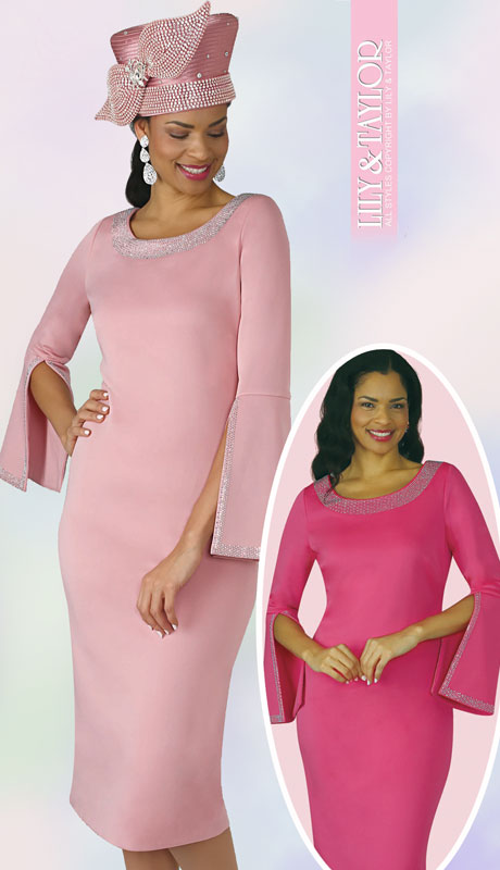 Lily And Taylor 4153-RO ( 1pc Womans Knit Dress For Church With Flared And Jeweled Neckline ) - Hat