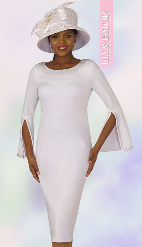 Lily And Taylor 4153-WH ( 1pc Womans Knit Dress For Church With Flared And Jeweled Neckline ) - Hat