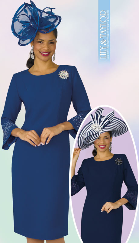 Lily And Taylor 4092-RO ( 1pc Ladies Peach Skin Church Dress With Flared Sleeves Jeweled Trim And Brooch ) - Hat