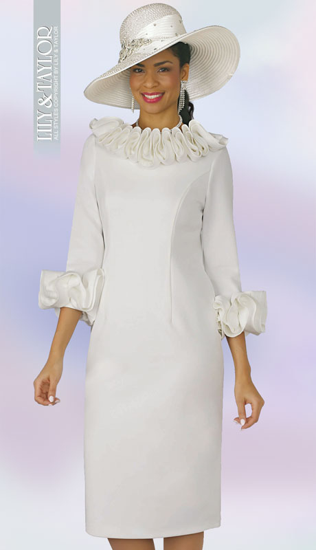 Lily And Taylor 4375-IV ( 1pc Ladies Knit Church Dress With Ruffle Neckline And Cuffs ) - Hat