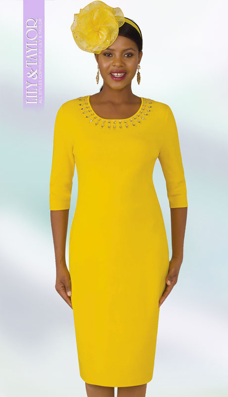 Lily And Taylor 633-YE ( 1pc Womans Knit Church Dress With Elbow Length Sleeves Jeweled Neckline ) - Hat