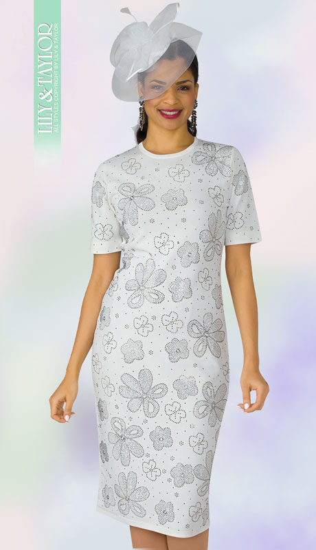 Lily And Taylor 640-WH ( 1pc Womans Knit Church Dress With Beaded Floral Pattern ) - Hat
